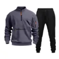 Men's casual tracksuit set featuring a grey half-zip sweatshirt and black joggers with pockets. - Dark Gray