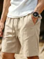 Men summer linen shorts casual solid color elastic waist breathable beach streetwear - S / Khaki