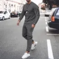 Men dark grey long sleeve crewneck sweatshirt and sweatpants casual sportswear set. - Dark Gray