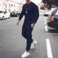Men's casual long sleeve sweatshirt and sweatpants tracksuit set for autumn daily wear. - Navy Blue