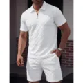Herren Sommer weiß gestrickt Polo Shirt und Shorts Set lässig Kurzarm Jacquard Anzug - S / Oberteil und Unterteil / Weiß