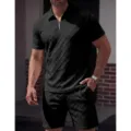 Herren schwarzes Jacquard Kurzarm Polohemd und Shorts Set, Freizeit Sommer Sportkleidung. - S / Oberteil und Unterteil / Schwarz