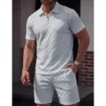 Herren Sommer Kurzarm Polo Shirt Shorts Set Casual Strick Jacquard Zweiteiliger Anzug - S / Oberteil und Unterteil / Hellgrau