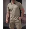 Herren Sommer lässig Jacquard Polo Shirt und Shorts Set khaki kurzarm Sportbekleidung Outfit - S / Oberteil und Unterteil / Khaki