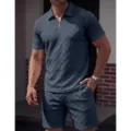 Men's Dark Blue Jacquard Polo Shirt and Shorts Set Summer Casual Athletic Outfits New - Navy Blue