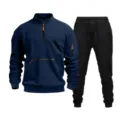Men's quarter-zip fleece sweatshirt and sweatpants tracksuit set in navy and black. - S / Top And Bottom / Navy Blue