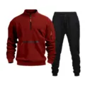 Men's quarter zip pullover sweatshirt and fleece sweatpants tracksuit set casual sportswear. - Burgundy