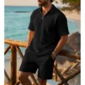 Set Polo e Pantaloncini a Waffle Nero Uomo Estate Casual Spiaggia Outfit Sportivo - Taglia S / Top e Pantaloni / Nero