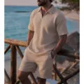 Set polo maniche corte e pantaloncini in maglia waffle da uomo outfit spiaggia estate. - Taglia S / Top e Pantaloni / Kaki