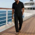 Detailed view of the men linen two piece set short sleeve shirt and cargo pants in black. - S / Top And Bottom / Black