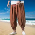 Mens casual linen harem pants loose baggy trousers summer beach comfortable breathable bottoms - Tan