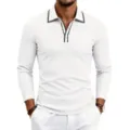 Detailed view of men's white long sleeve ribbed knit polo shirt with contrast piping. - S / Tops / White