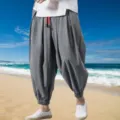 Men casual loose cotton linen harem pants summer beach lightweight trousers comfortable gray - S / Bottoms / Gray