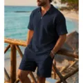 Men's waffle knit short sleeve polo and shorts set in dark blue summer casual vacation wear - Navy Blue
