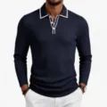 Stylish men's long sleeve knitted polo shirt with contrast collar and button placket. - Navy Blue