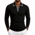 Men's long sleeve knit polo shirt with contrast trim collar, casual slim fit autumn top apparel. - S / Tops / Black