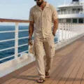 Men's casual linen-blend short sleeve shirt and cargo pants set detail view on cruise deck. - S / Top And Bottom / Khaki