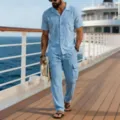Detailed view of casual light blue linen short sleeve shirt and cargo pants set on deck. - S / Top And Bottom / Sky Blue