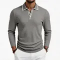 Men's knitted long sleeve polo shirt detail, classic grey sweater top with contrast collar. - S / Tops / Gray