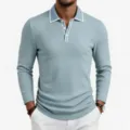 Men's light blue ribbed long-sleeve knit polo shirt with contrast collar trim for autumn. - Light Blue