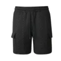 Men's black casual cargo shorts with drawstring waist and textured jacquard pattern for summer. - S / Black