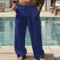 Herren Blaue Leinen Cargo Hosen Lose Freizeithose Sommer Strandbekleidung Neuheit - Marineblau