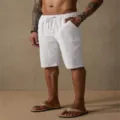 Men's summer casual cotton linen drawstring solid color beach shorts detail view fit - 3XL / Bottoms / White