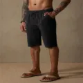 Men summer casual cotton linen beach shorts, loose straight fit with drawstring waistband. - Black