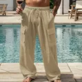 Herren lässige Leinen-Cargohosen mit mehreren Taschen, lockerer Passform und elastischem Bund. - S / Unterteile / Khaki
