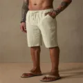 Men's casual linen cotton drawstring beach shorts summer solid color loose fit streetwear detail - 3XL / Bottoms / Khaki