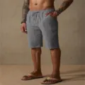 Detailed view of men's casual cotton linen shorts featuring comfortable drawstring waist. - 3XL / Bottoms / Gray