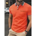 Men's orange short sleeve polo shirt with grey contrast collar and chest pocket main view. - S / Tops / Orange Red