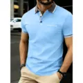 Men's fashion light blue short sleeve polo shirt with contrast collar casual summer top - Light Blue