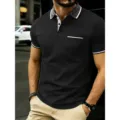 Men's casual short sleeve polo shirt, black slim fit top with contrast ribbed lapel collar and pocket. - S / Tops / Black
