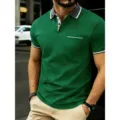 Men's casual short sleeve polo shirt, green color with ribbed lapel and pocket detail. - Dark Green
