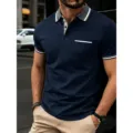 Men short sleeve polo shirt navy blue casual breathable ribbed lapel stylish slim fit top - Navy Blue
