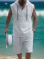 Men's Summer Casual Linen Set Sleeveless Hooded Henley Vest Shorts Beach Outfit Apparel - S / Top And Bottom / White