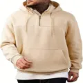 Lässiger Herren Viertel-Reißverschluss Fleece Kapuzenpullover in Khaki mit Kapuze und Tasche. - S / Oberteile / Khaki