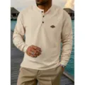 Men's casual long sleeve waffle henley shirt solid color slim fit pullover top for wear - S / Tops / Off White