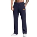 Men's casual loose track pants dark blue sweatpants with leather patch and drawstring waist - S / Bottoms / Navy Blue