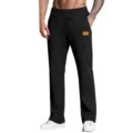 Men's black casual sports sweatpants with leather label, loose straight trousers for men. - Black