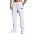 Men's casual sweatpants loose fit drawstring trousers with leather patch grey active pants - White