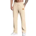 Mens casual sweatpants comfortable loose fit trousers with drawstring and leather patch detail - Beige