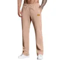 Men's casual straight-leg sweatpants in khaki featuring an elastic drawstring waist and leather patch. - Camel
