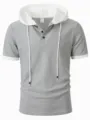 Men's short sleeve waffle knit hooded henley shirt in grey and white colorblock design detail. - S / Tops / Light Gray
