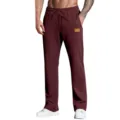 Men's casual sweatpants with elastic drawstring waist and side pocket leather patch in maroon. - Burgundy