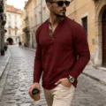 Close-up shot showing the contrast inner collar print and the fine waffle knit texture on this top. - S / Tops / Burgundy