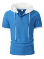 Blue short-sleeve waffle knit hoodie detail, contrast white hood and cuffs with button placket. - S / Tops / Sapphire Blue