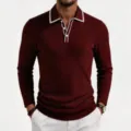 Men's ribbed long sleeve polo shirt detailed view, classic contrast collar knitwear top. - S / Tops / Burgundy