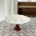 Vintage ceramic cake stand with wooden base, elegant ruffled edge dessert display plate. - Sunflower Pattern With Wood Base / 20x9.5cm